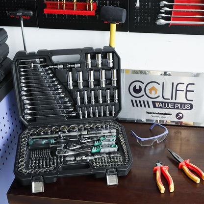 CCLIFE Steckschlüsselsatz 218-teilig Cr-V - 1/2" 1/4" 3/8" Ratschenkoffer
