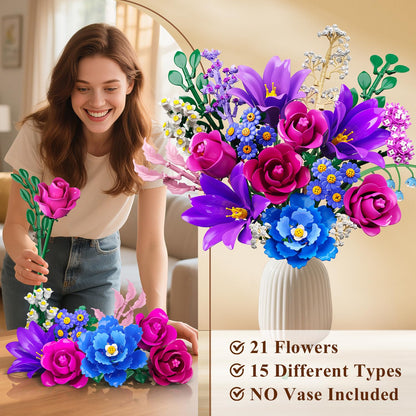 CUBIMANA Blumenstrauss Klemmbausteine mit LED-Licht, 21 Blumen, lila