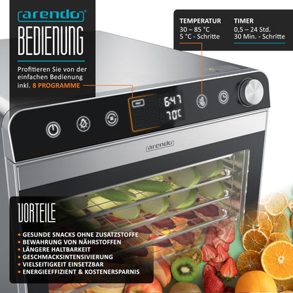 Arendo Dörrautomat Edelstahl - 10 Edelstahlgitter 8400 cm² Dörrgerät