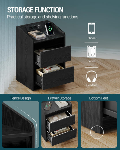 Hzuaneri NS30104X Nachttische 2er Set – LED Ladestation Schwarz