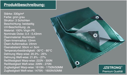 JZSTRONG Abdeckplane 4x6m 330g/m² reissfest wasserdicht grün grau