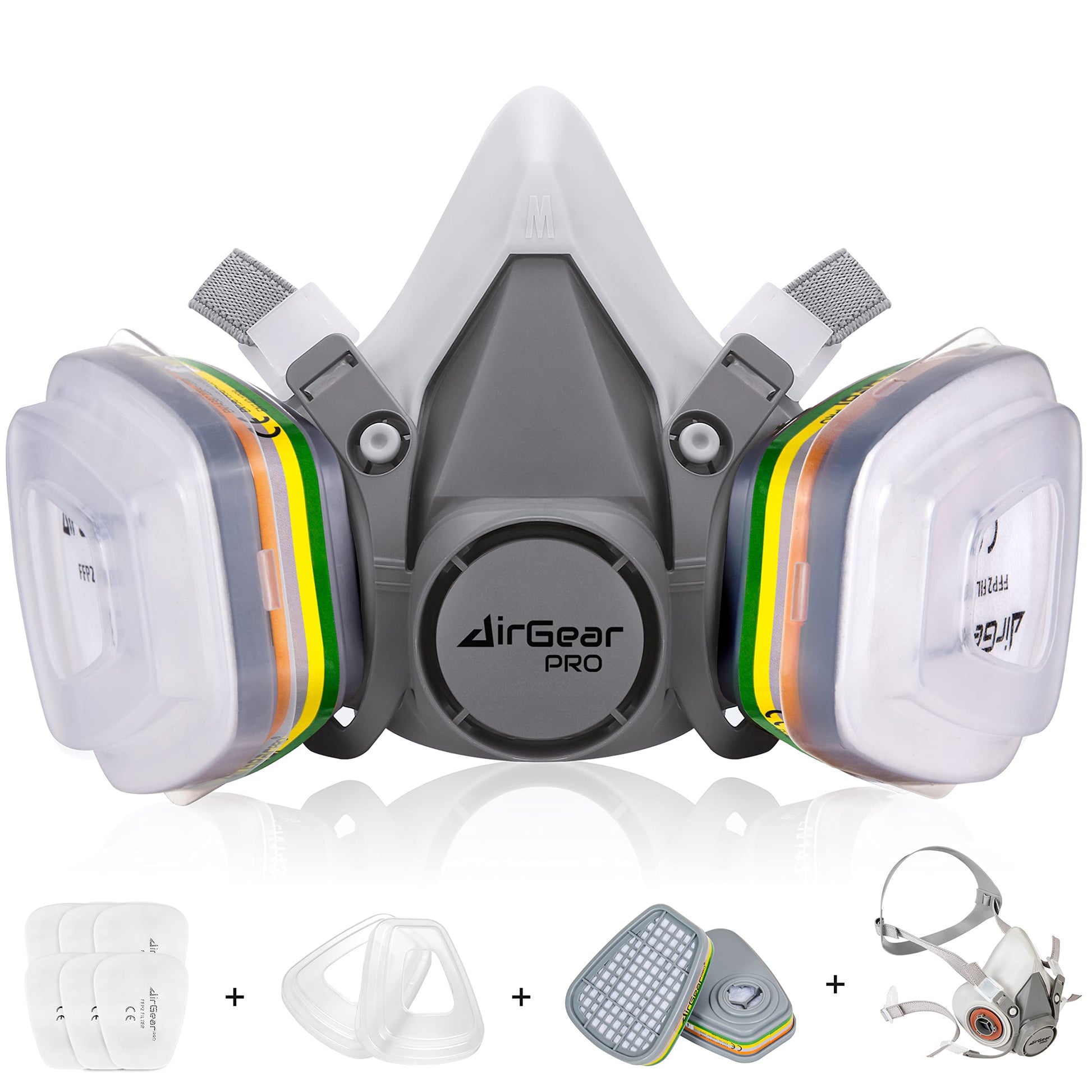 AirGearPro M-500 Atemschutzmaske mit ABEK1-P2 Filter, Gasmaske mit Doppelfilter und verstellbaren Gurten
