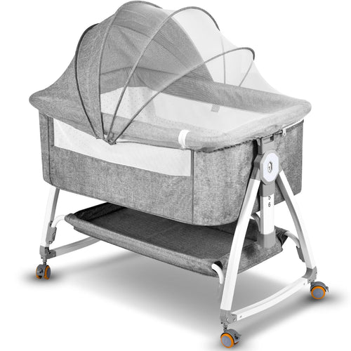 NIKYJM Beistellbett Baby 3-in-1 – Stubenwagen & Reisebett. Rechteckig, grau. Dient als Beistellbett, Stubenwagen und Reisebett.