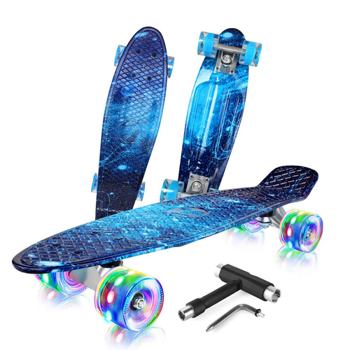 BELEEV Kinder Skateboard 22 Zoll Mini Cruiser mit LED Leuchtrollen und Aluminium-Trucks