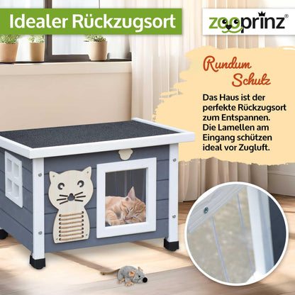 zooprinz Premium Holz Katzenhaus – Katzenkiste mit Dach zum Öffnen, Fenster und Schwingtür – Sisalband an der Katzenbox – Wetterfest für Garten/Balkon – Innen- und Draußen Hütte (Grau-Weiß, Standard)