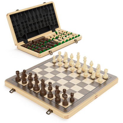 Puecrof Schach- und Dame-Set aus Holz, klappbar, 38 cm, schwarz mit handgeschnitzten Staunton-Figuren