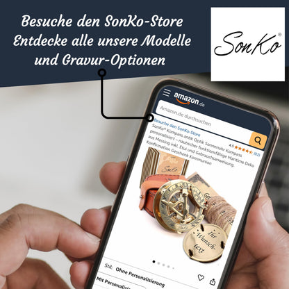 SonKo Messing Kompass mit personalisierter Gravur und Lederetui