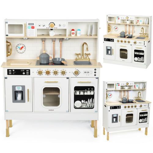 Mamabrum Holz-Kinderküche MAM155 mit LED, höhenverstellbar – Holzspielküche mit Kochfeld, Mikrowelle und Spüle