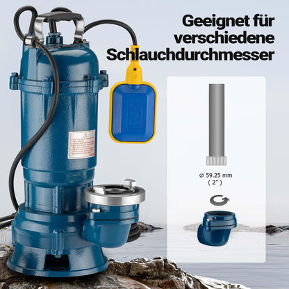 Wiltec Schmutzwasserpumpe 1500W Schwimmerschalter mit 20m Schlauch