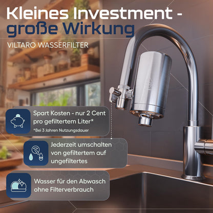 VILTARO Wasserfilter Wasserhahn mit Aktivkohle, Edelstahl, BPA-frei