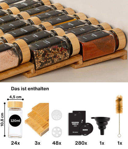 Deco haus Gewürzregal Schublade aus Bambus mit 24 Gewürzgläsern