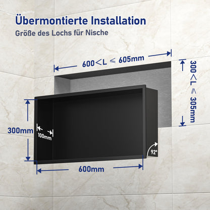 Bernkot Wandnische Dusche LED Edelstahl 60x30 cm Matt Schwarz