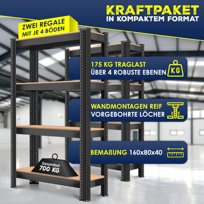 MASKO Schwerlastregal 2er-Set 160 x 80 x 40 cm, bis 700 kg, Schwarz
