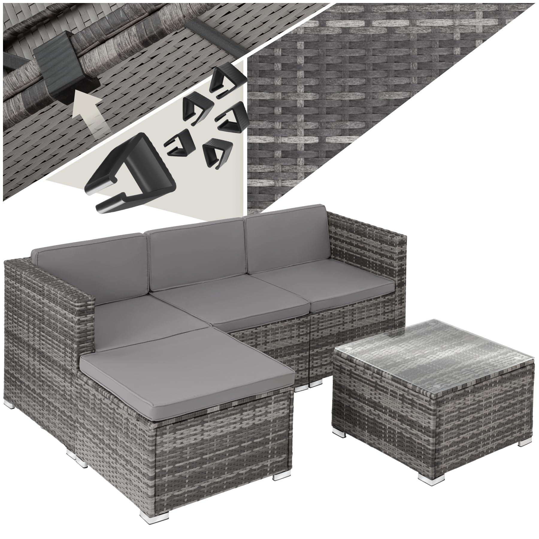 tectake Polyrattan Lounge Set, Sitzgruppe für 3-4 Personen, grau – mit Geflecht und Tischplatte aus Sicherheitsglas