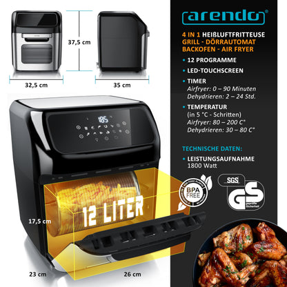 Arendo 4-in-1 Heissluftfritteuse 12L – LED Touchscreen