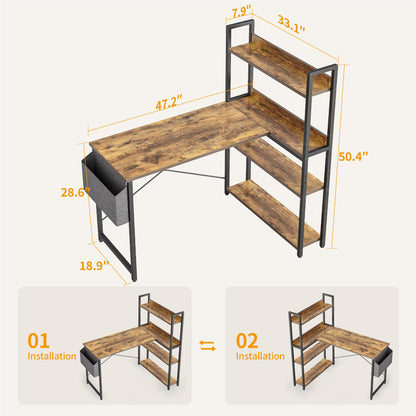 CubiCubi L-förmiger Computertisch mit Regal - 120cm braun