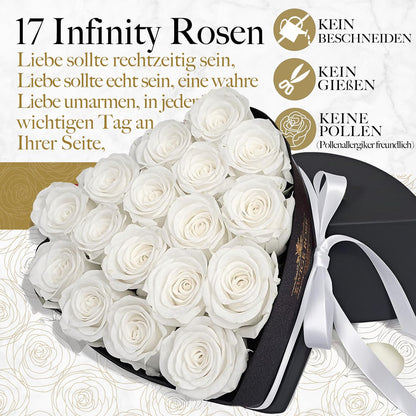 QHHENTOO Ewige Rosen in Herzbox, 17 konservierte echte Rosen, Weiss