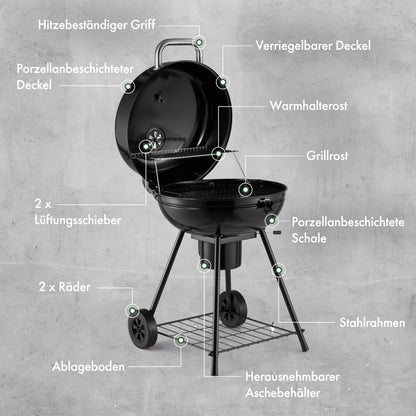 VonHaus Kettle Holzkohlegrill, Kugelgrill 53,5 cm mit Warmhalterost