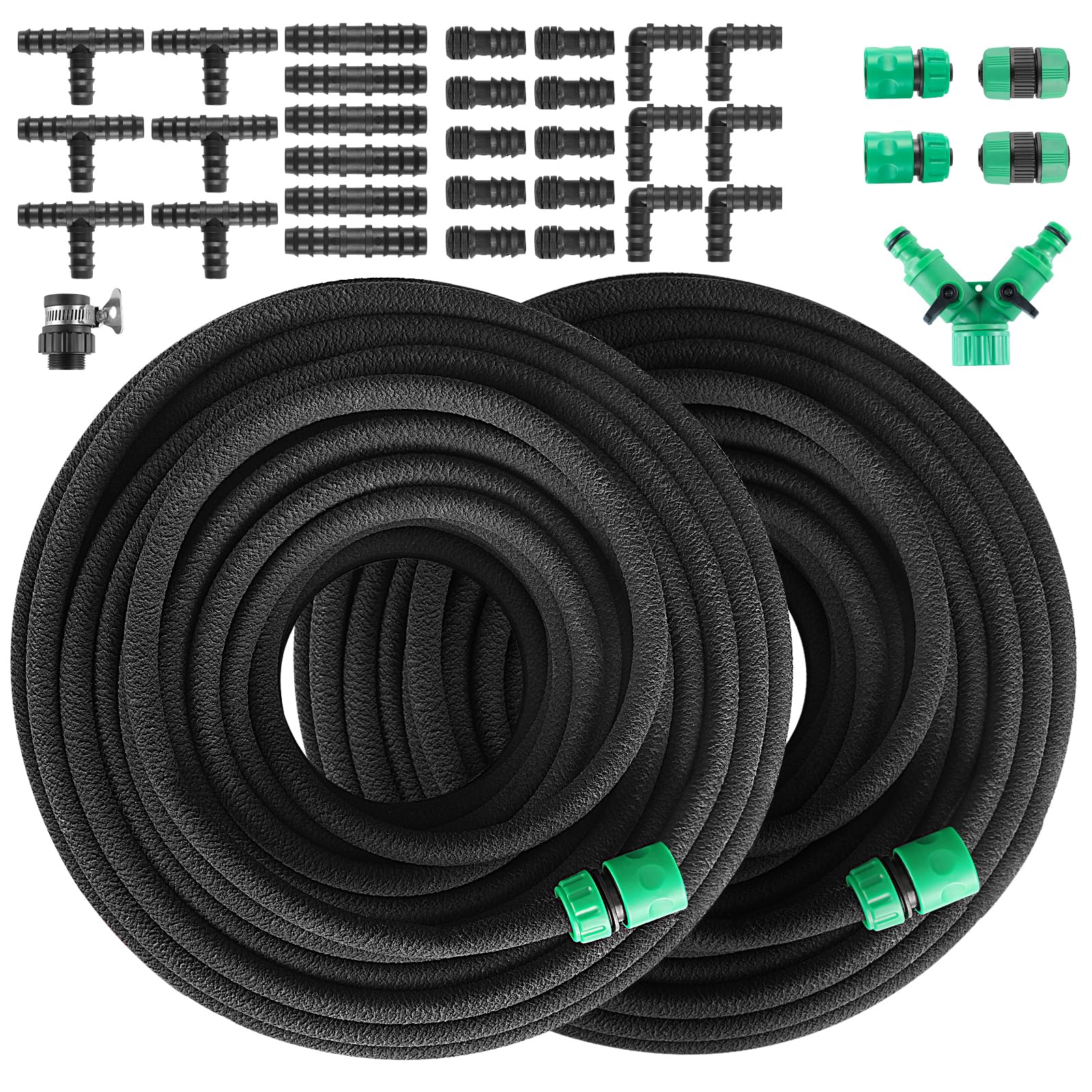 Perlschlauch Tropfschlauch Set für Gartenbewässerung - 100m. Dunkelgrüner, poröser Schlauch, bewässert Gartenpflanzen effizient.