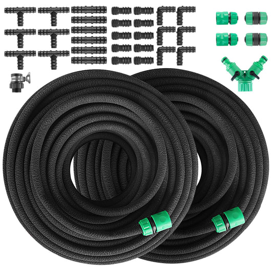 Perlschlauch Tropfschlauch Set für Gartenbewässerung - 100m. Dunkelgrüner, poröser Schlauch, bewässert Gartenpflanzen effizient.