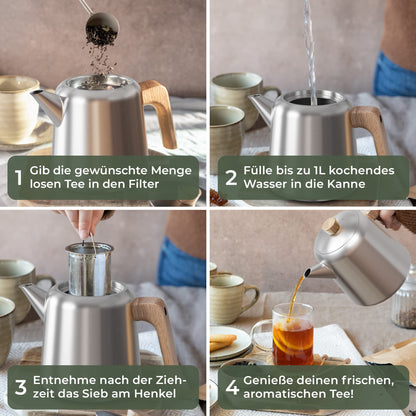 WALDWERK Teekanne mit Stövchen, Edelstahl, Sieb, 1.1L Eiche
