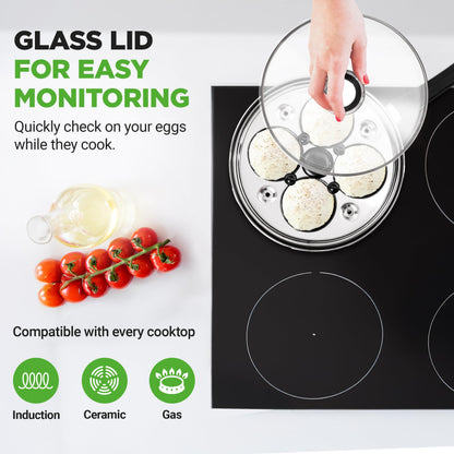 NutriChef Eier-Pochierer Edelstahl 20 cm für 4 Eier mit Glasdeckel