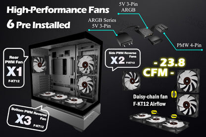 ANSAITE H-D9 ATX Mid-Tower PC-Gehäuse mit 6 ARGB PWM-Lüftern, schwarz