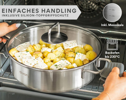 DIVORY PURA Hohe Edelstahl Schmorpfanne mit Deckel - 28 cm