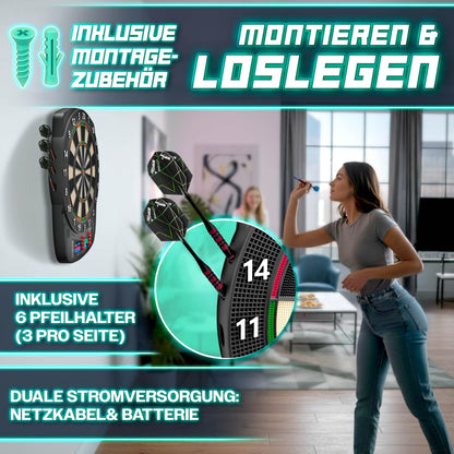 RE:SPORT Elektronische Dartscheibe Set mit 12 Pfeilen, LED-Anzeige
