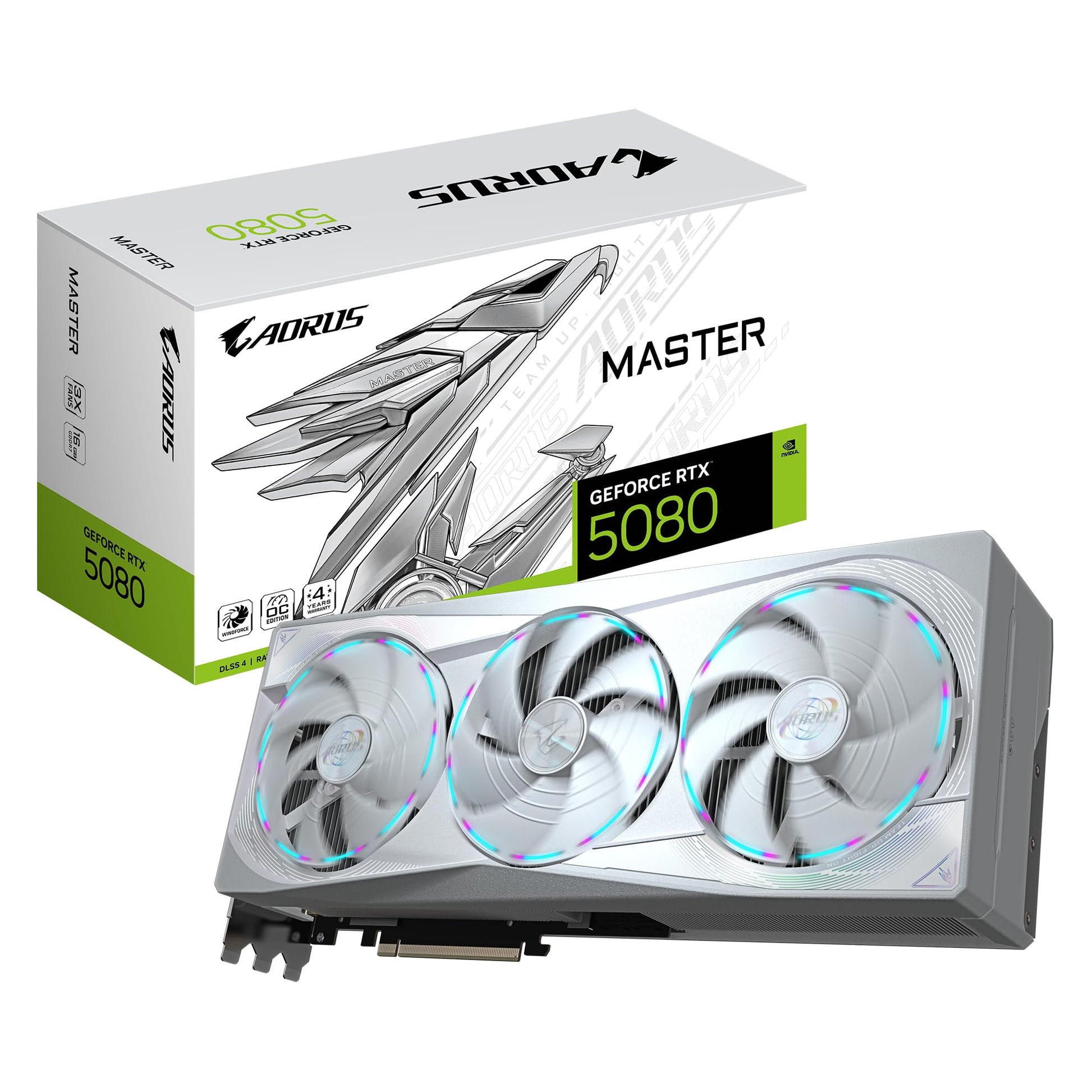 Gigabyte AORUS GeForce RTX 5080 Master Ice 16G Grafikkarte. Weißes Triple-Fan-Design. Beschleunigt Gaming und 3D-Rendering.