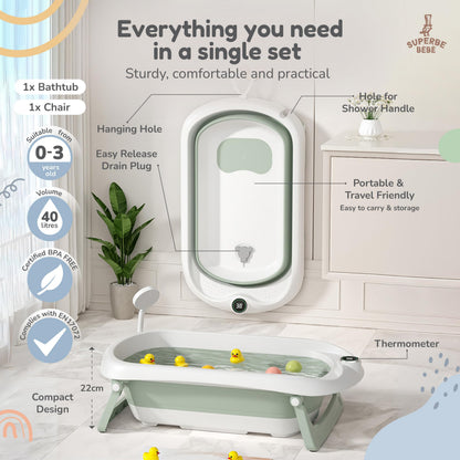 SUPERBE BEBE Babybadewanne faltbar mit Badewannensitz und Thermometer