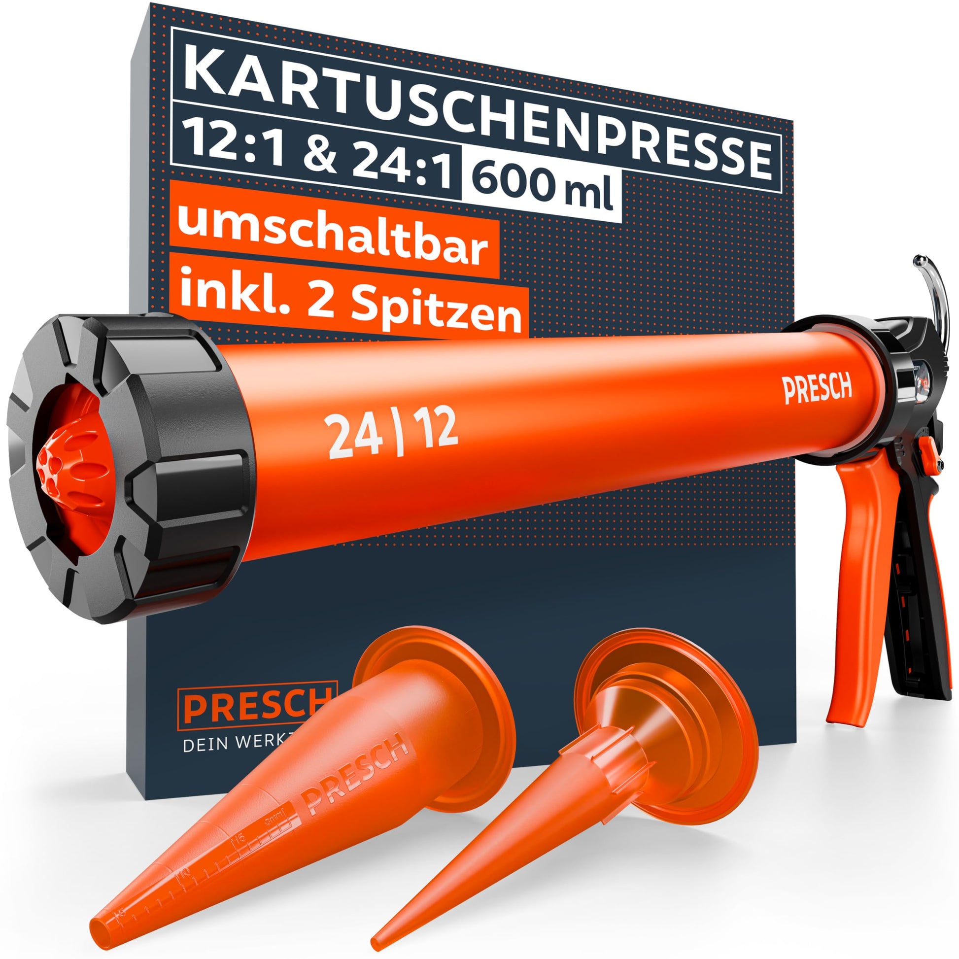 Presch Kartuschenpresse Beutelpresse – 600ml Umschaltbar 24:1. Robuste Metallpresse zum kraftvollen Auspressen von Kleb-/Dichtmassen.
