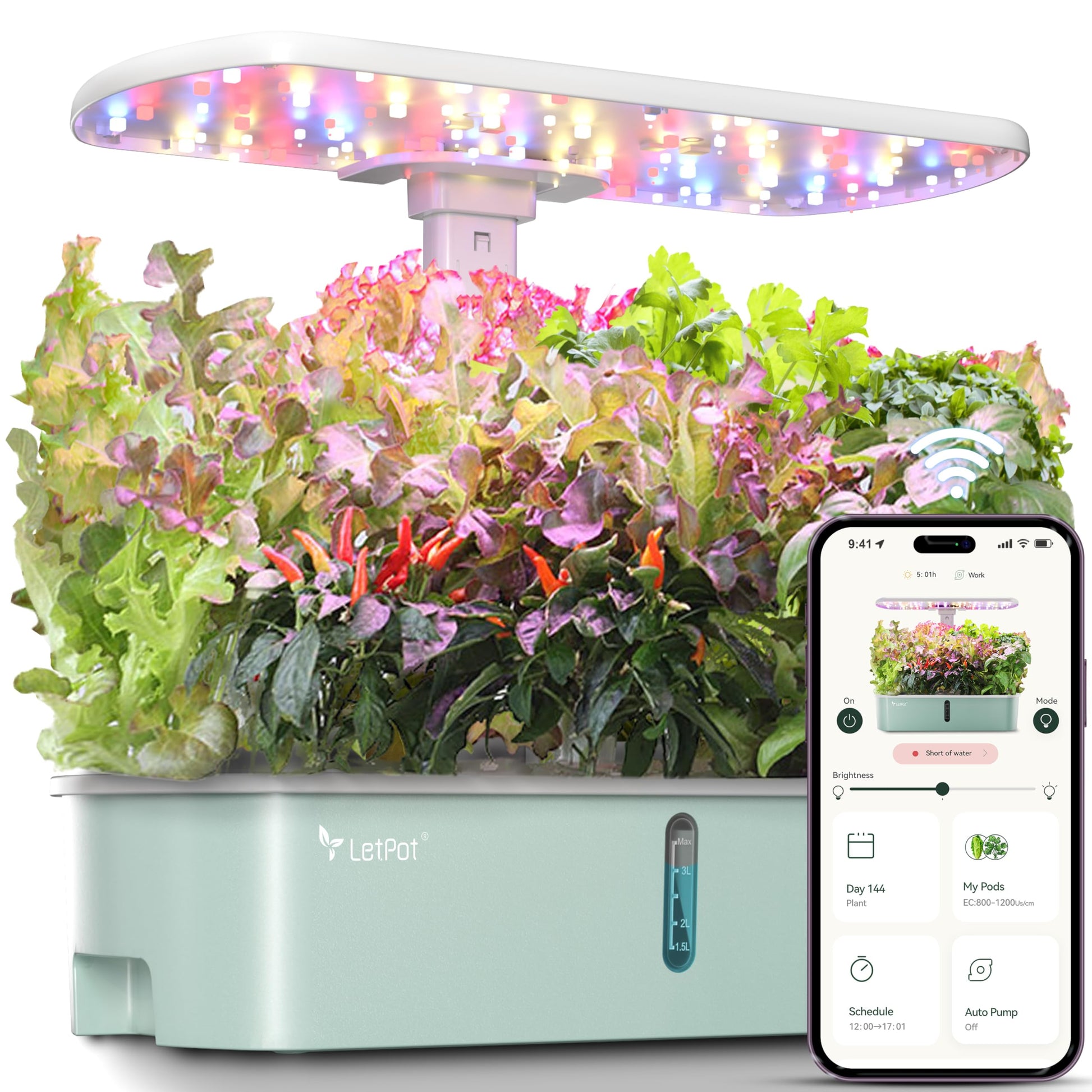 LetPot LPH-Air Hydroponisches Anzuchtsystem mit LED Wachstumslicht, 10 Pflanzhülsen und 4-Liter-Wassertank