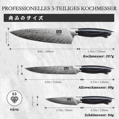 SHAN ZU Japanisches Kochmesserset 3-tlg Pulverstahl