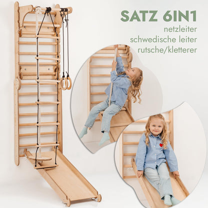 Kids Holz Schwedenwand Kletterdreieck & Rutsche Set - 6-in-1
