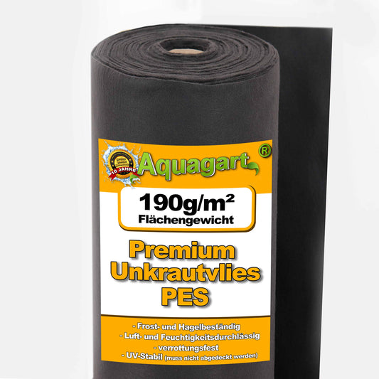 Aquagart Unkrautvlies Gartenvlies – schwarz 190g, 1x125m. Schwarzes, gewebtes Bodenvlies zur Unkrautunterdrückung im Garten.