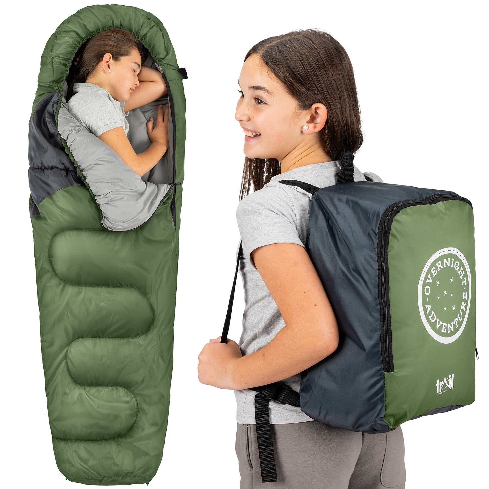 Trail Kinderschlafsack Overnight Adventure Mumienschlafsack Khaki mit Kapuze und Transportrucksack