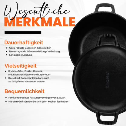 KICHLY Dutch Oven Gusseisen 4,7 Liter mit Grillpfannendeckel