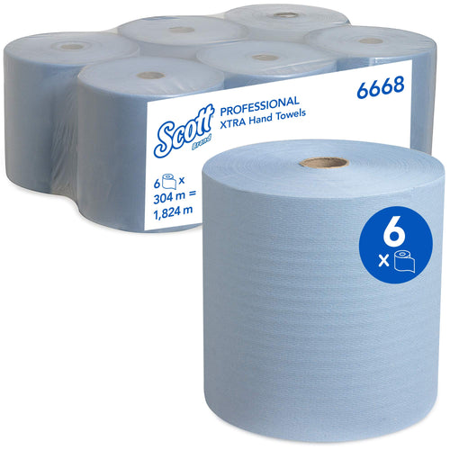 Scott Handtuchpapier 6668, blaues, 1-lagiges Rollenhandtuchpapier. Es dient der hygienischen Handtrocknung in Spendern.