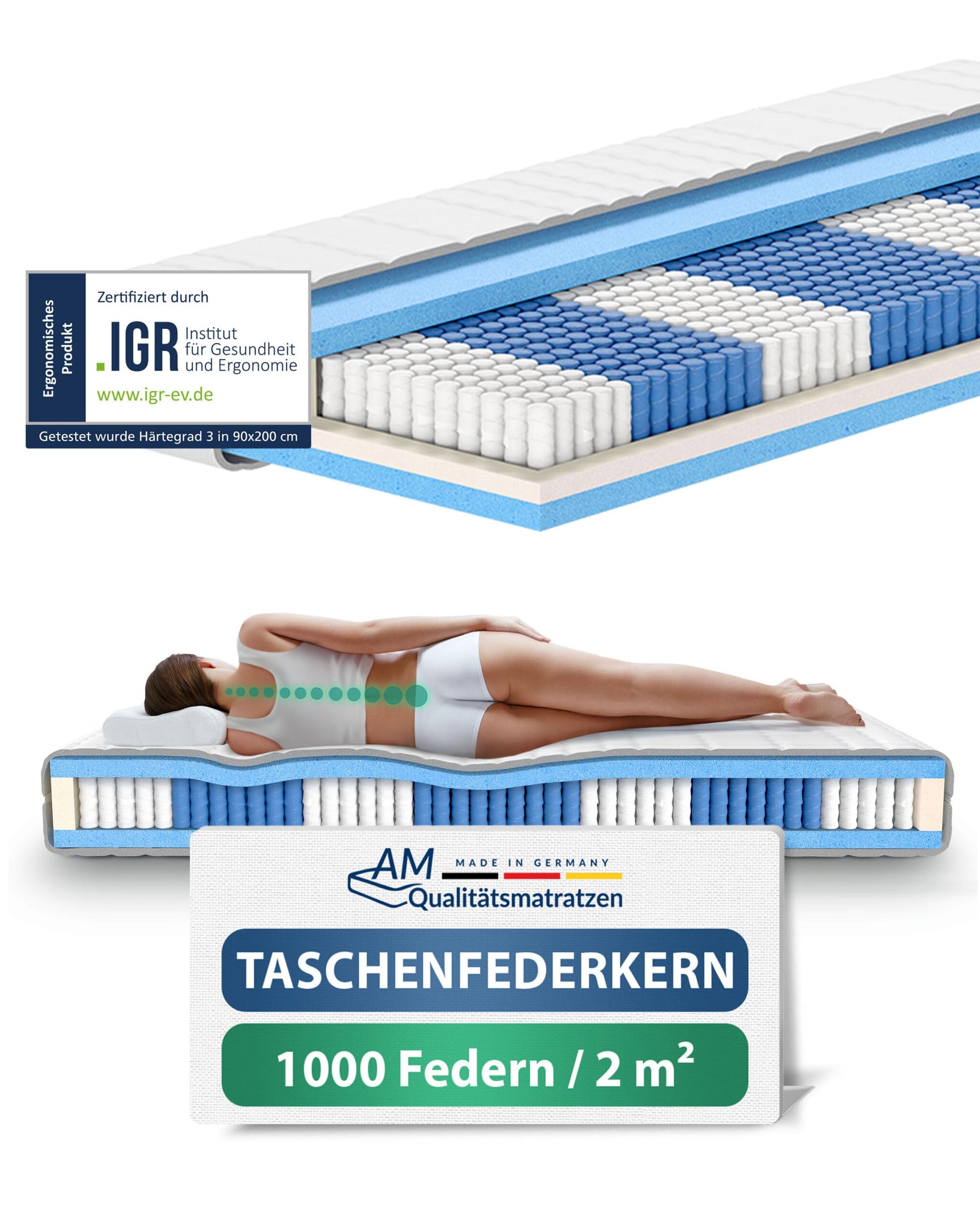 AM Qualitätsmatratzen Deluxe Taschenfederkern Matratze 90x200cm H3. Rechteckig, weiß. Punktelastische Körperanpassung für orthopädischen Schlafkomfort.