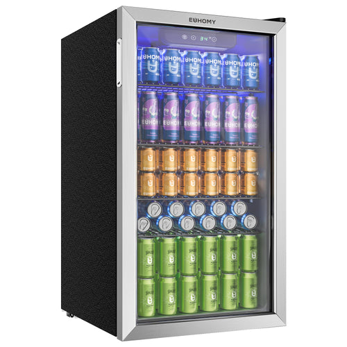EUHOMY Getränkekühlschrank 90L, Minikühlschrank mit Glastür, Silber – Edelstahl, blaue LED-Innenbeleuchtung
