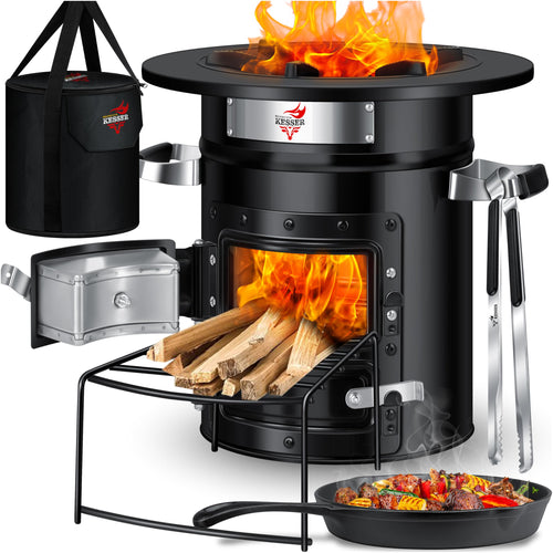 KESSER Raketenofen mit Gusseisen-Grillpfanne - Camping Outdoor. Schwarzer, zylindrischer Holzofen, Gusseisen-Grillpfanne; effizient kochen.