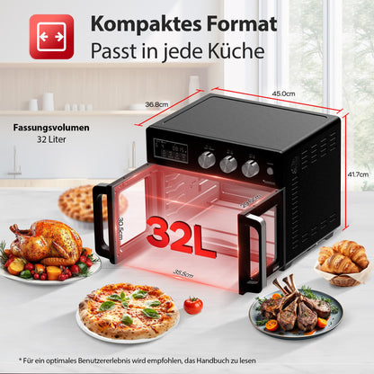 TurboTronic 4in1 Mini Backofen – 32L Heissluftfritteuse Schwarz
