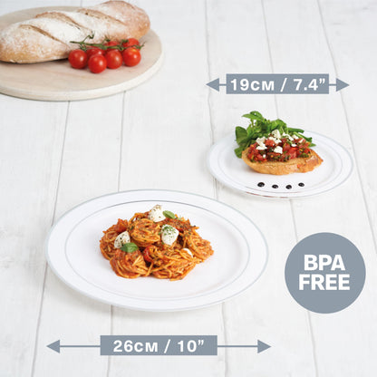 MATANA Plastikteller 120 Stk. – Weiss Silberrand, 2 Grössen