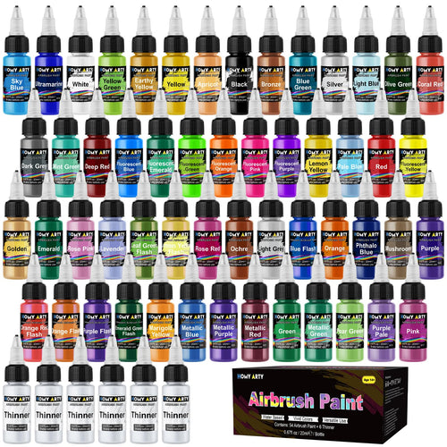 HOMY ARTY Airbrush Farben Set, 54 Acrylfarben auf Wasserbasis, 20 ml, 60 Flaschen inklusive Verdünner