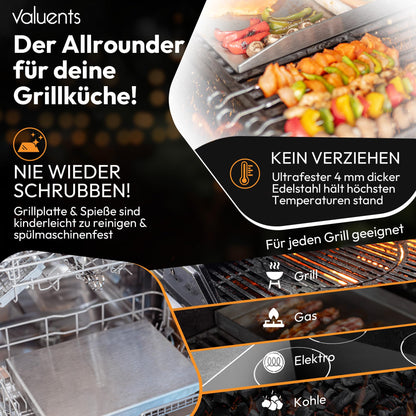 valuents Grillplatte Plancha Edelstahl 25 x 35 cm mit Grillspachtel