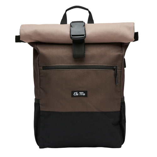 Ela Mo Rolltop Rucksack Damen mit Laptopfach und USB, Sand & Olive, zweifarbiger Rolltop-Daypack