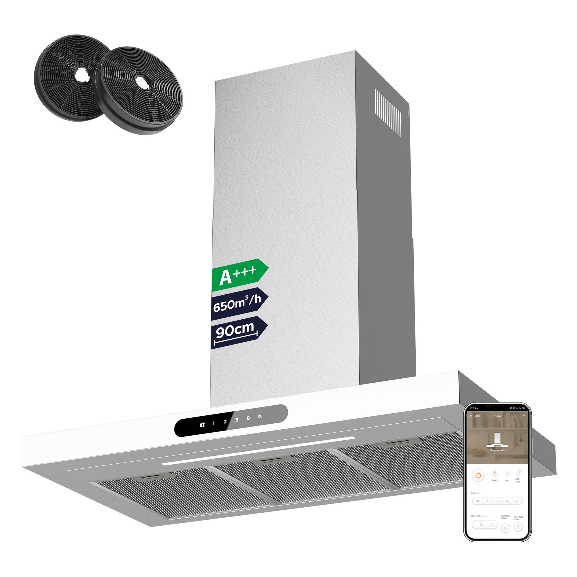 Ciarra Dynamic A+++ CBCW9102 Wandhaube 90cm Umluft - Weiss. Eine weiße Wandhaube filtert Küchendunst und Gerüche im Umluftbetrieb über Kochfeldern.