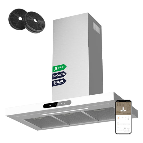 Ciarra Dynamic A+++ CBCW9102 Wandhaube 90cm Umluft - Weiss. Eine weiße Wandhaube filtert Küchendunst und Gerüche im Umluftbetrieb über Kochfeldern.