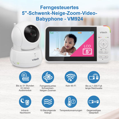 VTech VM924 Video-Babyphone mit Kamera, 5-Zoll-Display, Nachtsicht